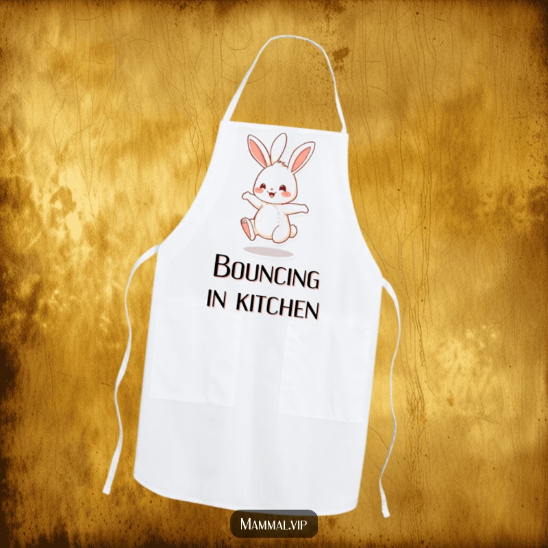 Funny Apron adorned with a cheerful rabbit character playfully bouncing on its hind legs, ready for kitchen adventures.