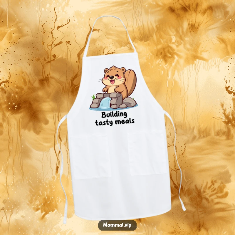 Funny beaver apron with a happy beaver enthusiastically building a dam, ready for kitchen projects and humor.
