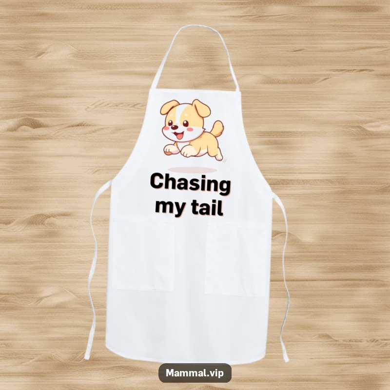 Funny dog chasing tail apron, a kitchen accessory showing a dog chasing its tail, great for pet-loving cooks.