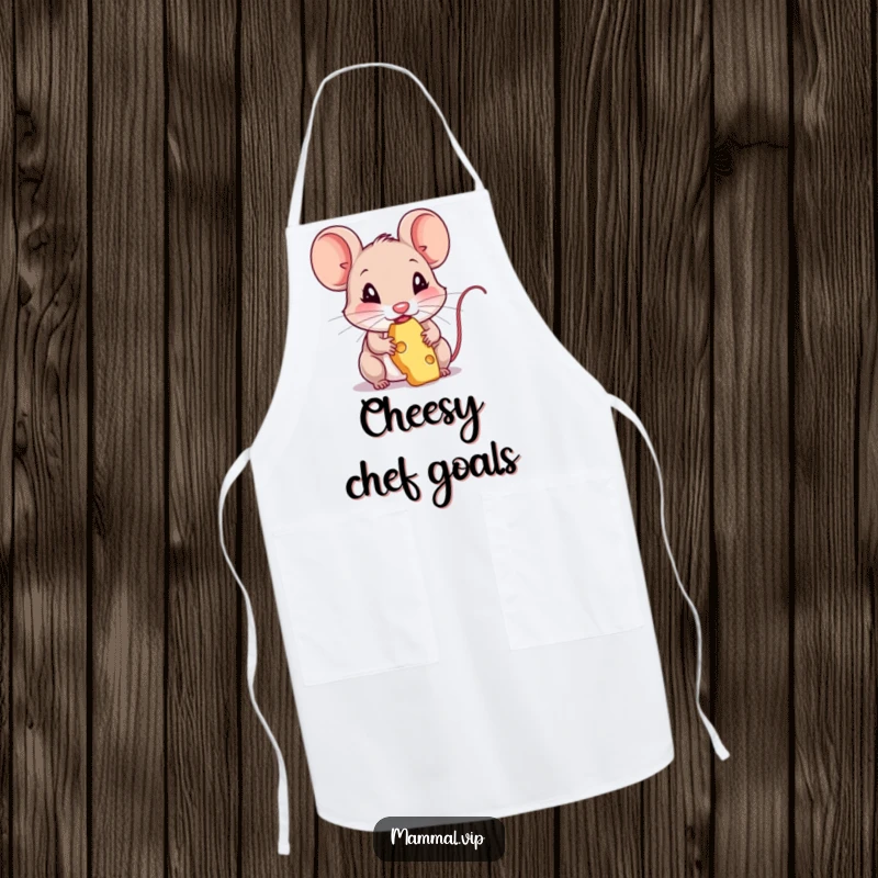 Funny apron featuring a mouse character happily nibbling on cheese. Humorous kitchen wear for animal fans.