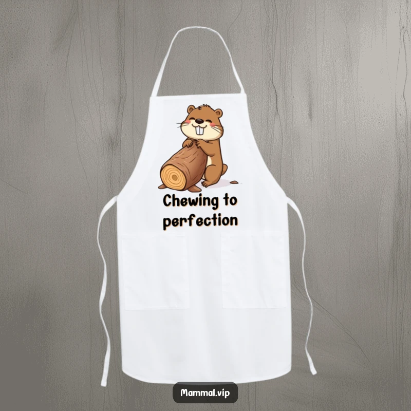 Funny beaver apron showing a happy cartoon beaver busy gnawing a giant log, ideal for kitchen humor.