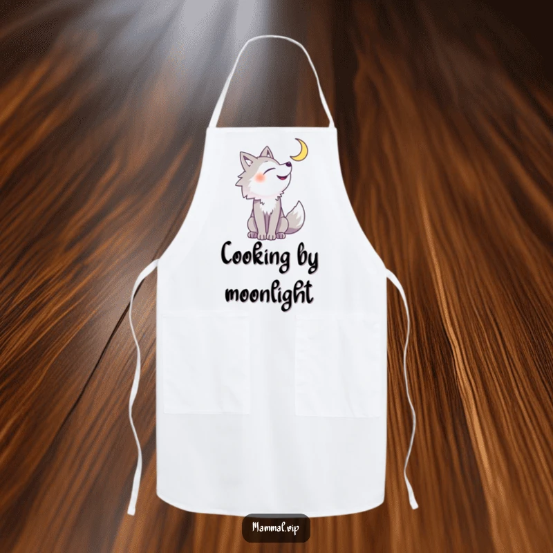 Funny wolf apron featuring a cheerful wolf howling with glee under a crescent moon, ready for kitchen fun and humor.