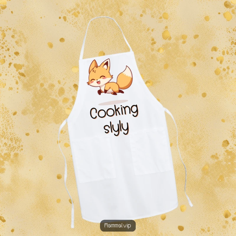 Funny playful fox character chasing its tail on an apron, a humorous kitchen accessory and animal lover gift.