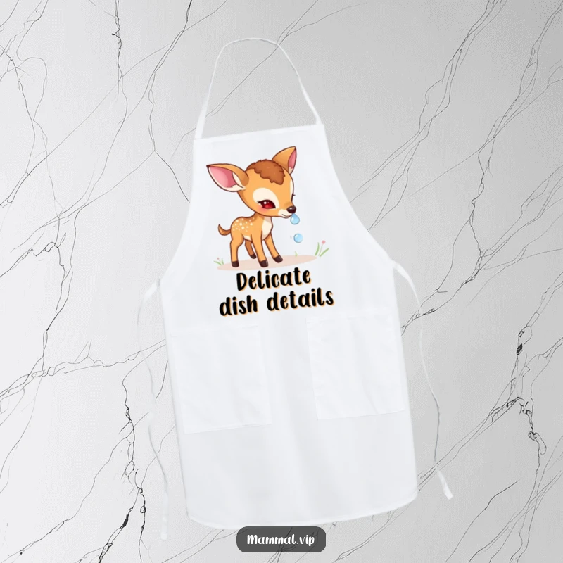 Funny shy deer fawn apron with a gentle character cautiously sniffing a dewdrop, ideal for a nature-loving cook.