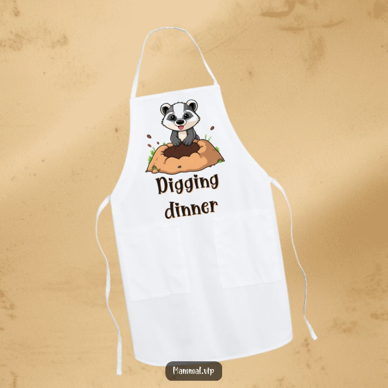 Funny apron design of a determined badger character digging a large hole, great for DIY enthusiasts and hard workers.
