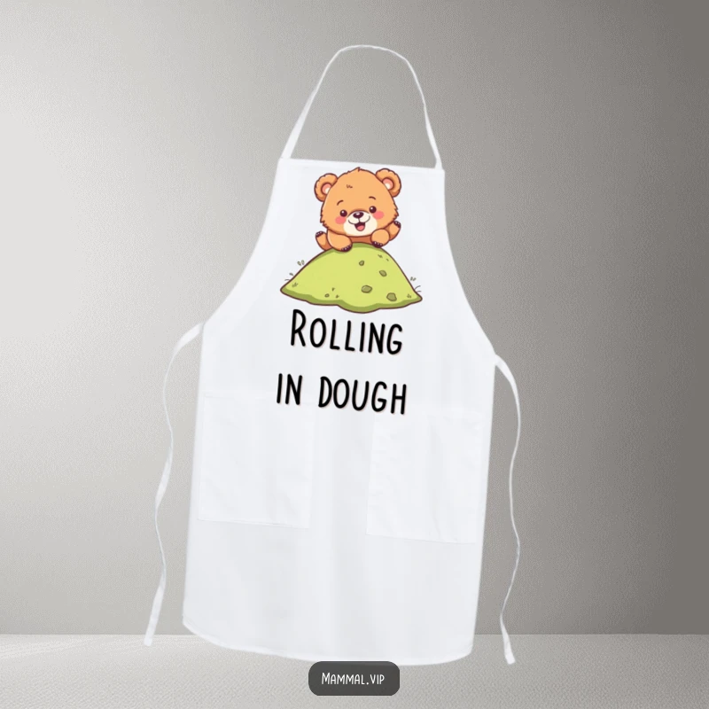 Funny apron featuring a bear cub character playfully tumbling down a hill, adding a humorous twist to kitchen activities.
