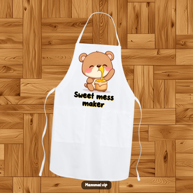 Funny Apron with a giggling bear character balancing a honey pot on its nose, ready for culinary adventures.