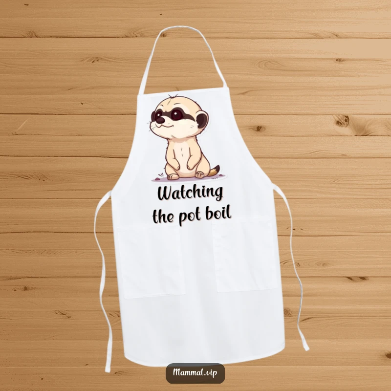 Funny Meerkat Apron: Curious meerkat character popping its head up from the ground, looking around, designed for kitchen fun.