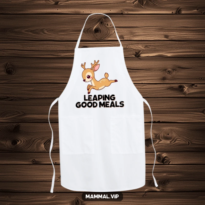 Funny deer apron illustrating a deer character in a spectacular leap, ready for kitchen adventures with a blend of grace and comedic flair.