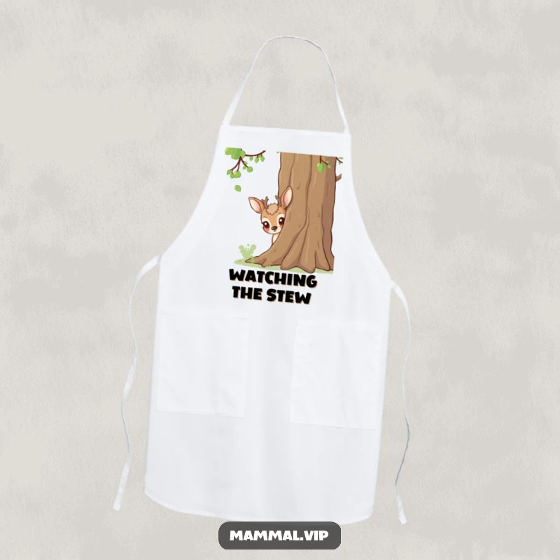 Funny deer wearing an apron, peeking from behind a tree, a humorous cooking accessory.