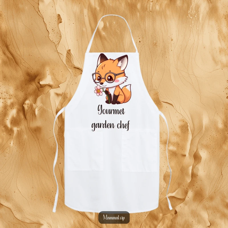 Funny fox wearing spectacles, on a chef's apron, observing the kitchen. A gourmet and funny gift.