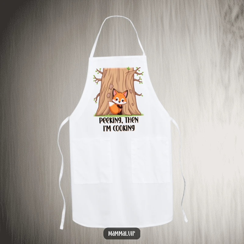 Funny fox kit apron with a curious character peeking from behind an oak tree, ideal for kitchen activities with a humorous twist.