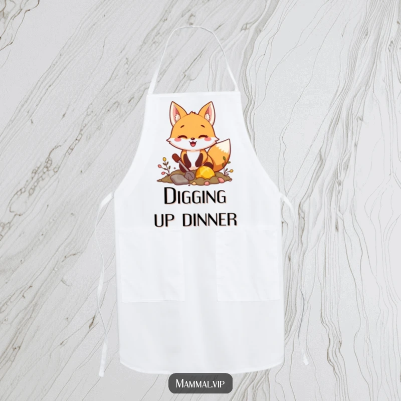 Funny fox digging for treasure apron, showing an excited character seeking hidden riches, great for cooking and a funny gift.