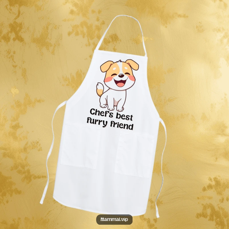 Funny dog apron, a joyful cartoon dog with a wagging tail, barking energetically, perfect for kitchen adventures.