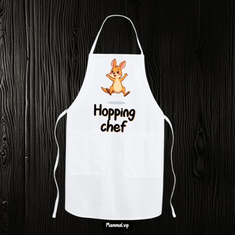 Funny apron featuring a kangaroo comically overshooting a jump with surprise, adding humor to kitchen activities.