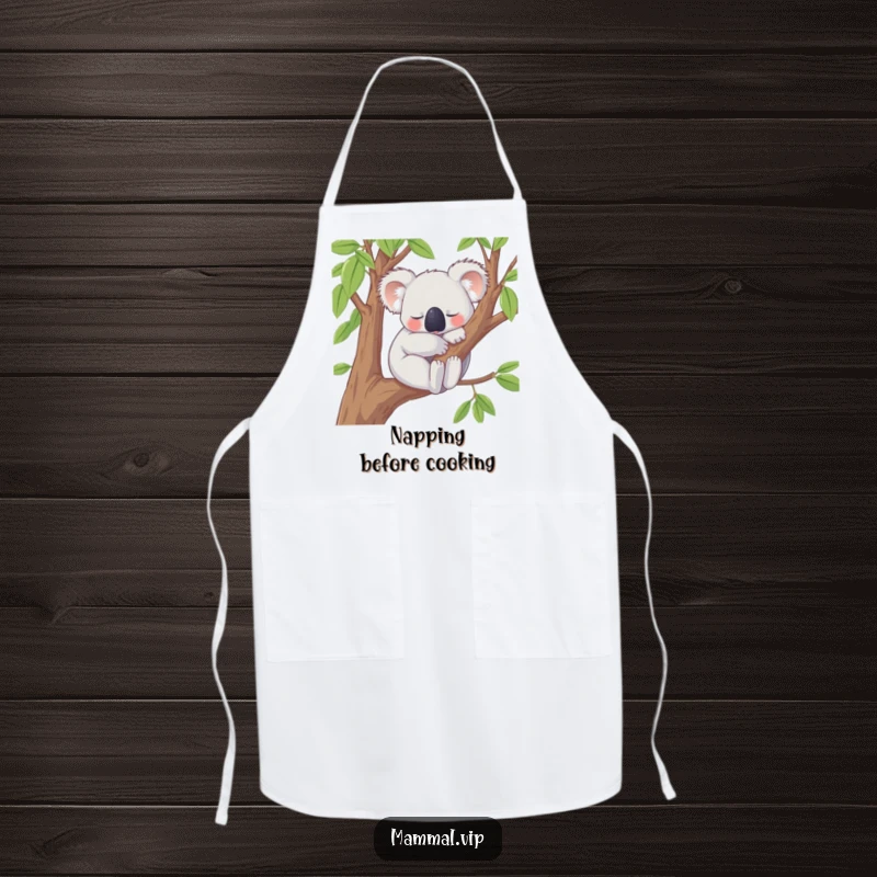 Funny Apron featuring a content koala character peacefully snoozing on a tree branch, perfect for chefs who want to add humor and a relaxed attitude to meal prep.