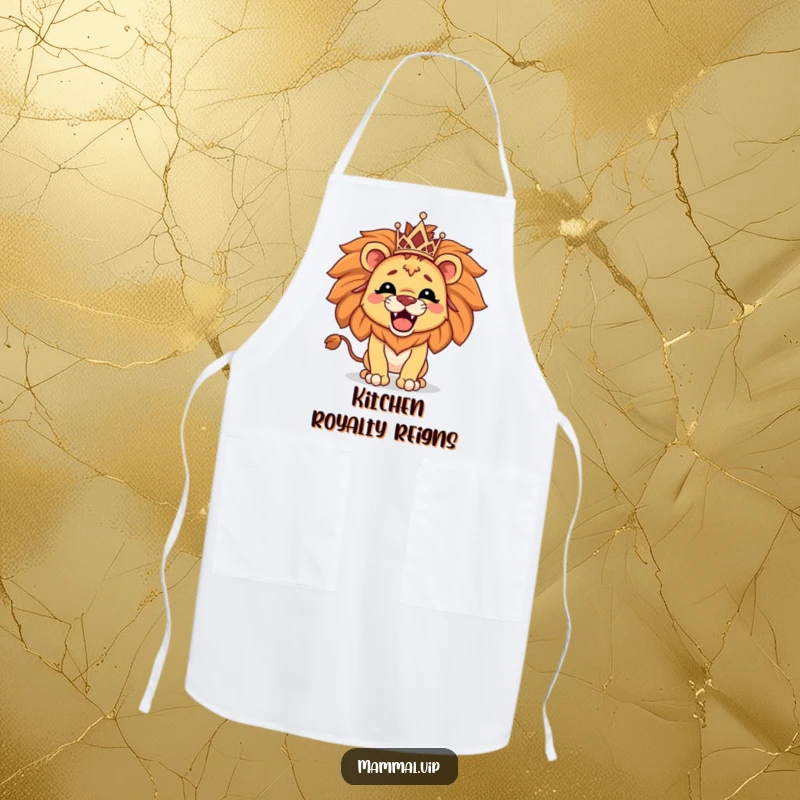 Funny apron featuring a proud lion character wearing a tiny tiara and roaring, adding a touch of regal humor to cooking.