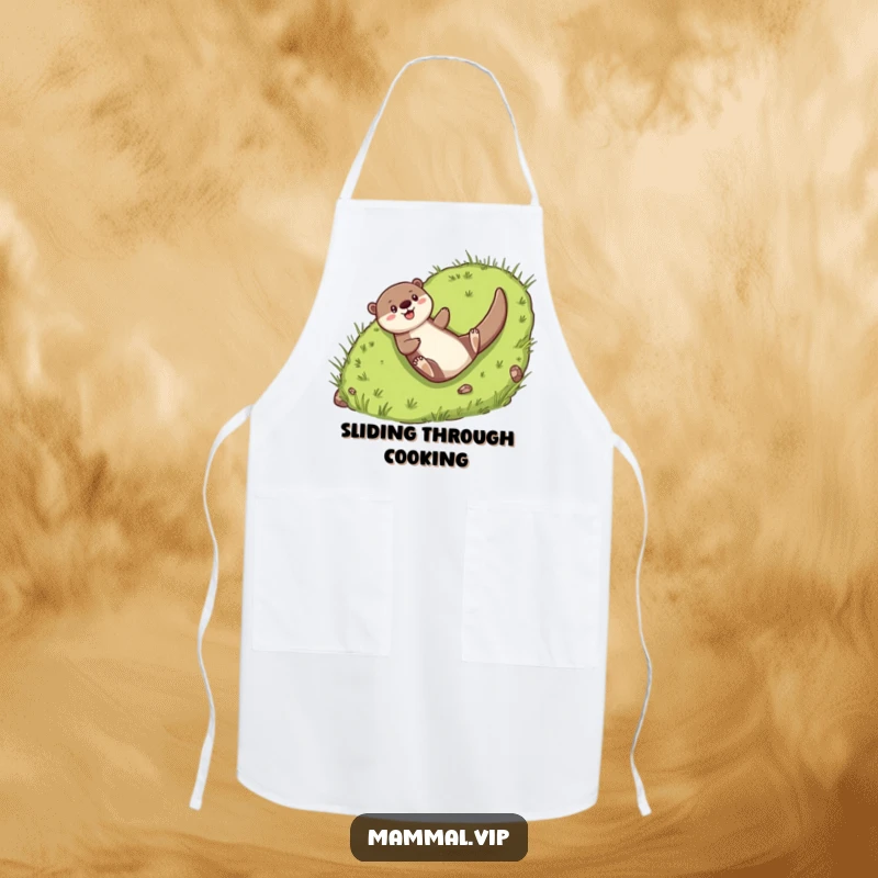 Funny Apron: Cheerful otter character joyfully sliding down a grassy hill.