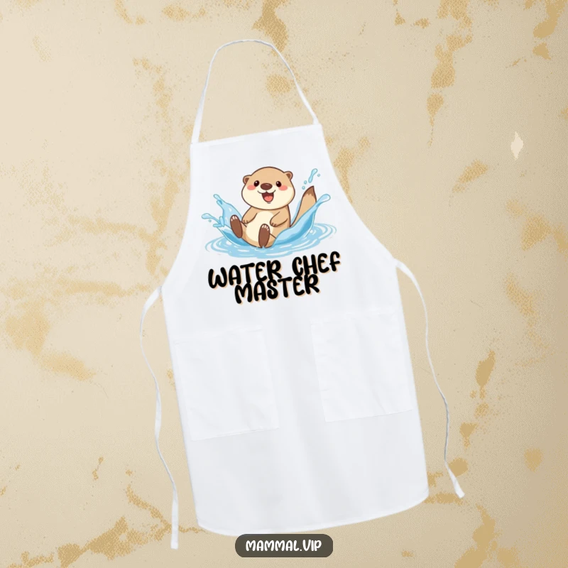 Funny happy otter character on an apron, sliding down a water splash while cooking.