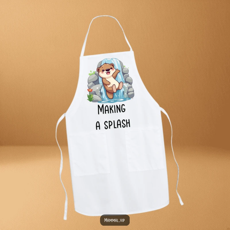 Funny otter sliding down a waterfall apron, showing a playful character with glee, great for cooking and a funny gift.