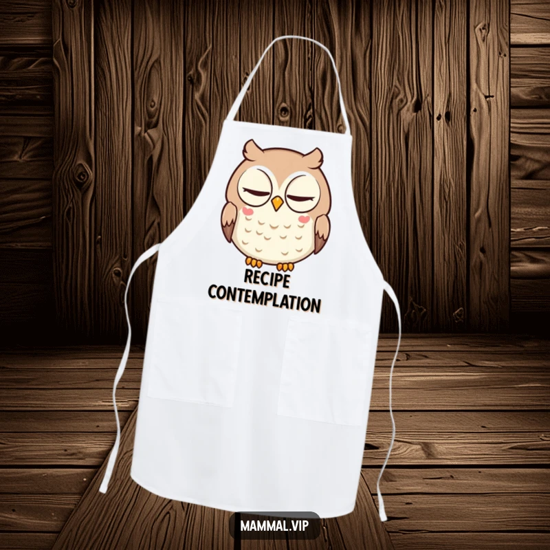 Funny apron with a round, intelligent owl character doing a slow blink, ideal for kitchen humor.