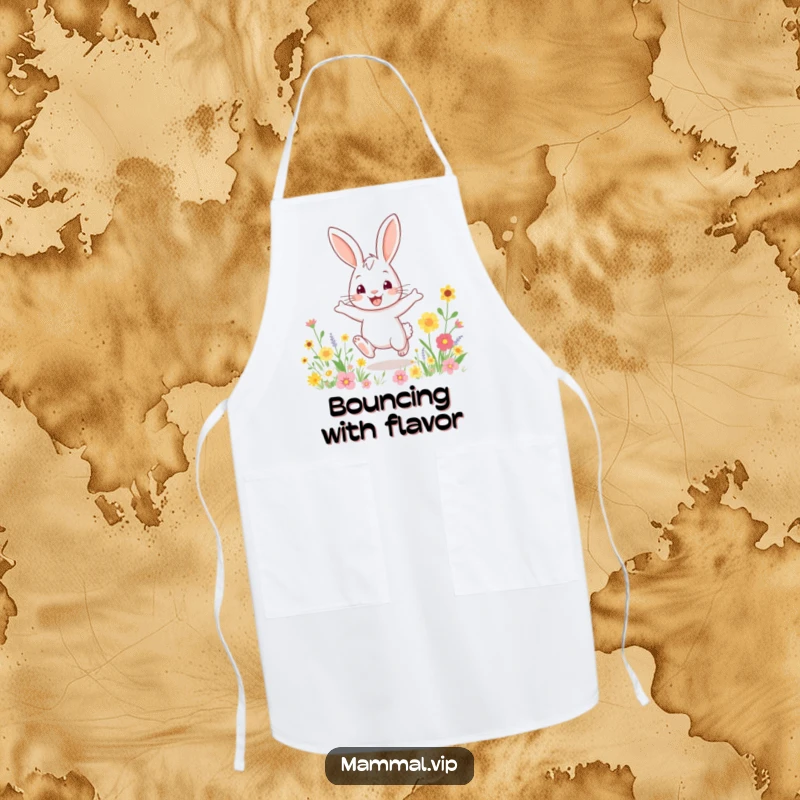 Funny apron showcasing a bouncy rabbit character enthusiastically hopping in a field of flowers, adding humor to kitchen tasks.