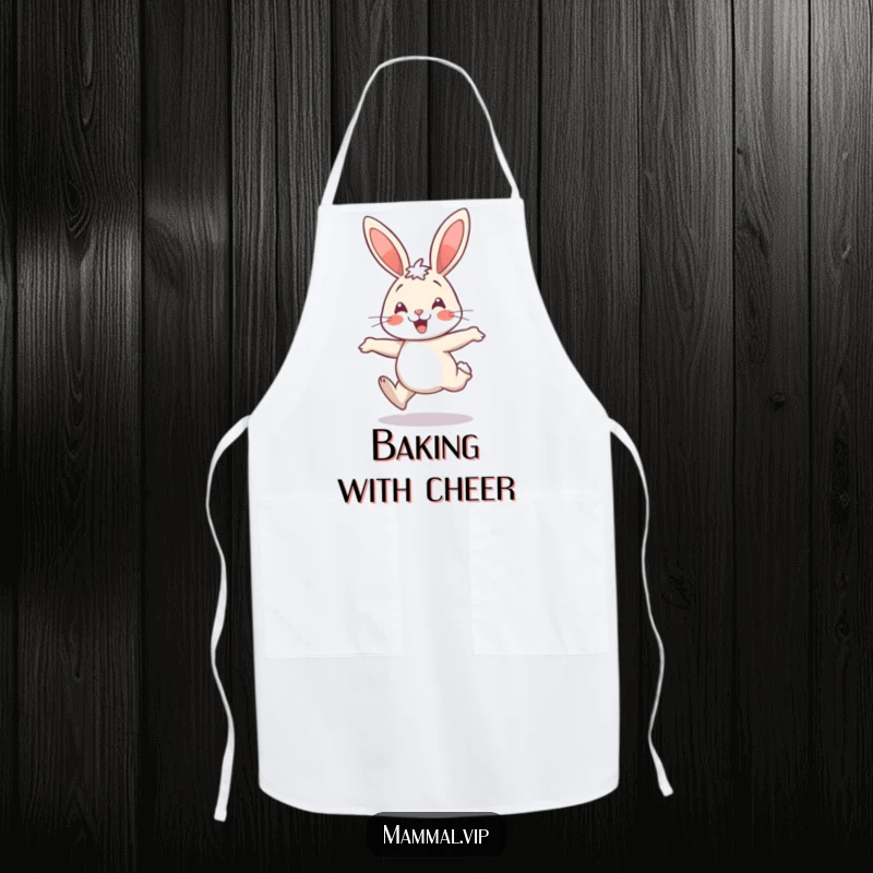Funny rabbit wearing an apron, happily hopping, a humorous kitchen accessory.