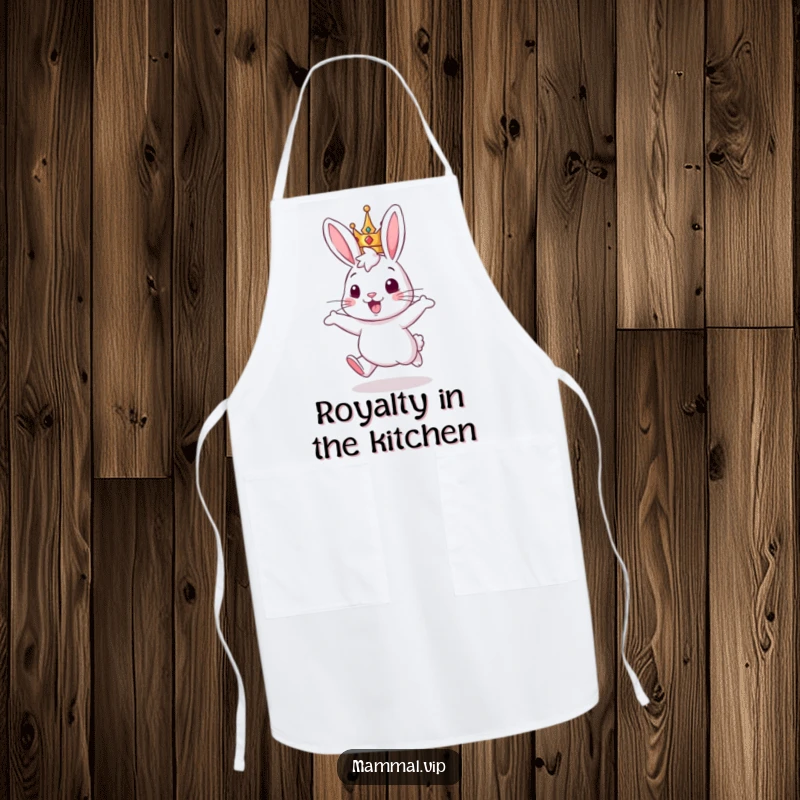 Funny apron: a rabbit wearing a crown, hopping happily, ideal for cooks who enjoy a touch of royalty.