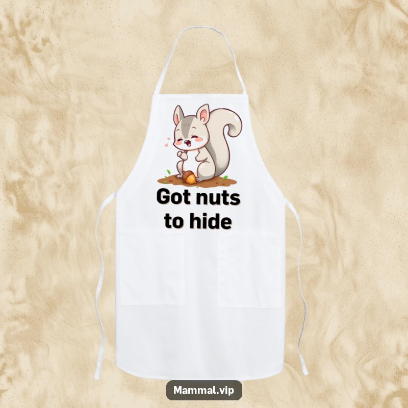 Funny squirrel apron depicting a chattering character burying an acorn, adding humor to cooking and baking activities.