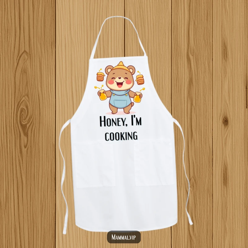 Funny joyful bear character juggling honey pots on an apron, a humorous kitchen accessory and bear lover gift.