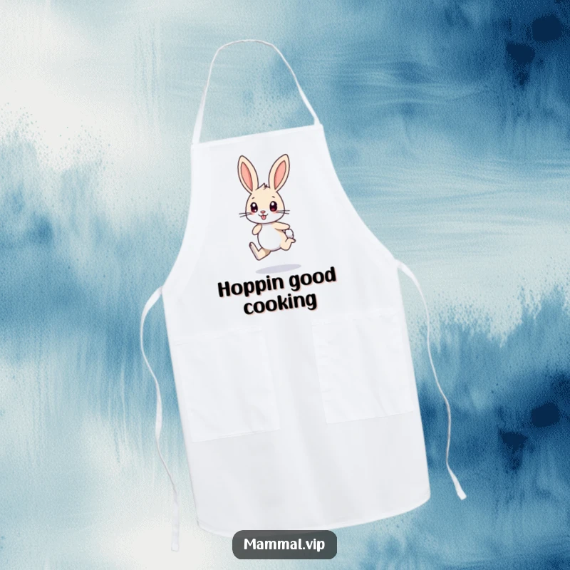 Funny apron with a small bunny character with long ears, excitedly hopping on one leg, a humorous and cute kitchen accessory.