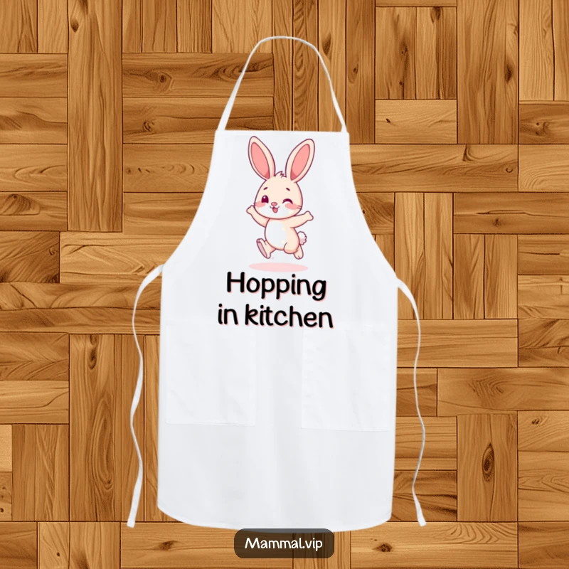 Funny bunny character playfully hopping with glee, on a practical and funny apron.