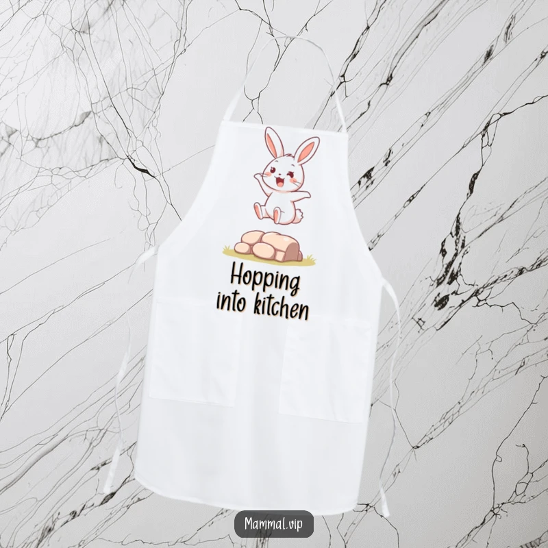 Funny Apron featuring a dynamic bouncy rabbit character leaping over a small obstacle, perfect for a lively kitchen enthusiast.