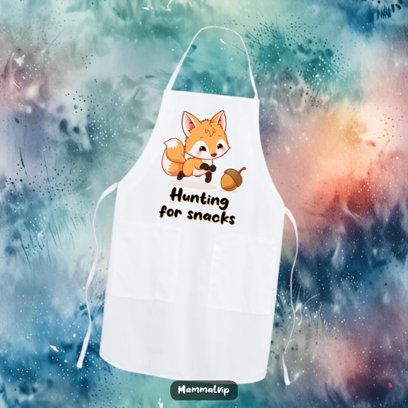 Funny Fox Cub Apron showing a playful cub with a wagging tail chasing a bouncing acorn, great for kitchen activities.