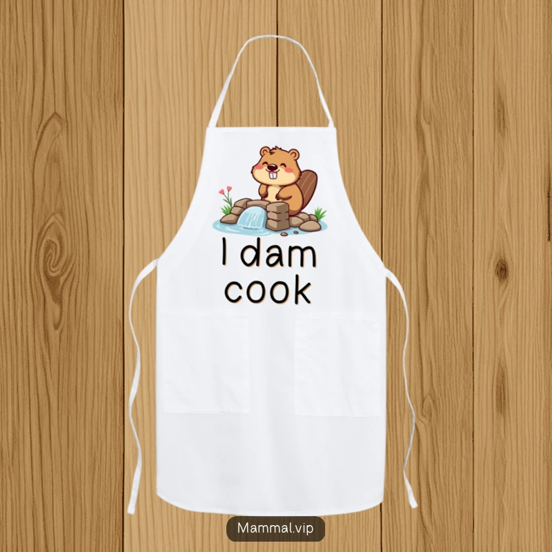 Funny beaver apron featuring a happy character building a dam, perfect for chefs and crafters who love to mix fun with their work.
