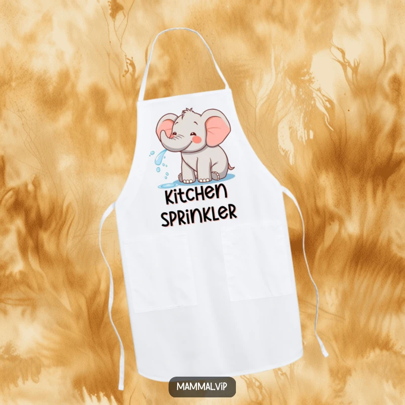Funny apron featuring a happy elephant character playfully spraying water from its trunk, making kitchen tasks a splashy and fun affair.