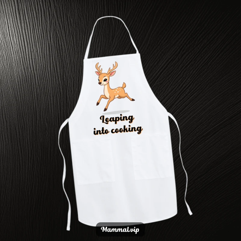 Funny apron design of a happy deer character prancing with elegant leaps, great for kitchen enthusiasts with a love for nature.