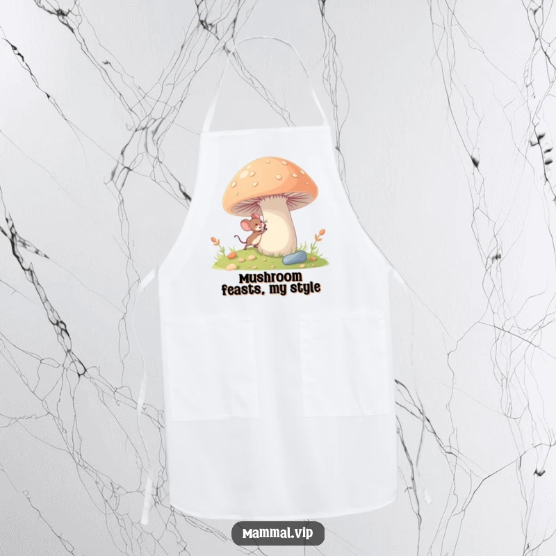 Funny tiny mouse apron with a character excitedly exploring a giant mushroom, ideal for kitchen adventures with a whimsical twist.