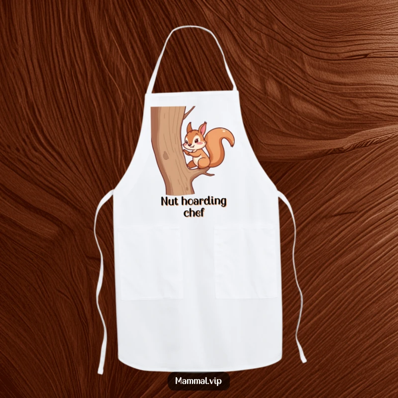 Funny apron featuring an energetic squirrel character scampering up a tree. Humorous kitchen wear for nature lovers.