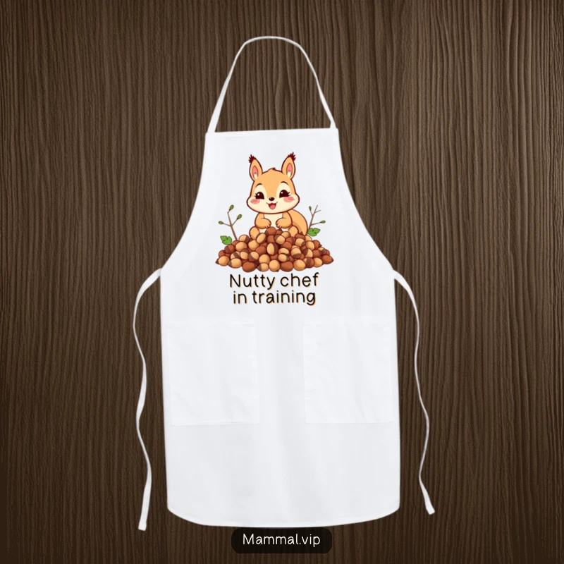 Funny squirrel apron showing a happy squirrel with a giant mountain of acorns, perfect for a funny cook or baker.