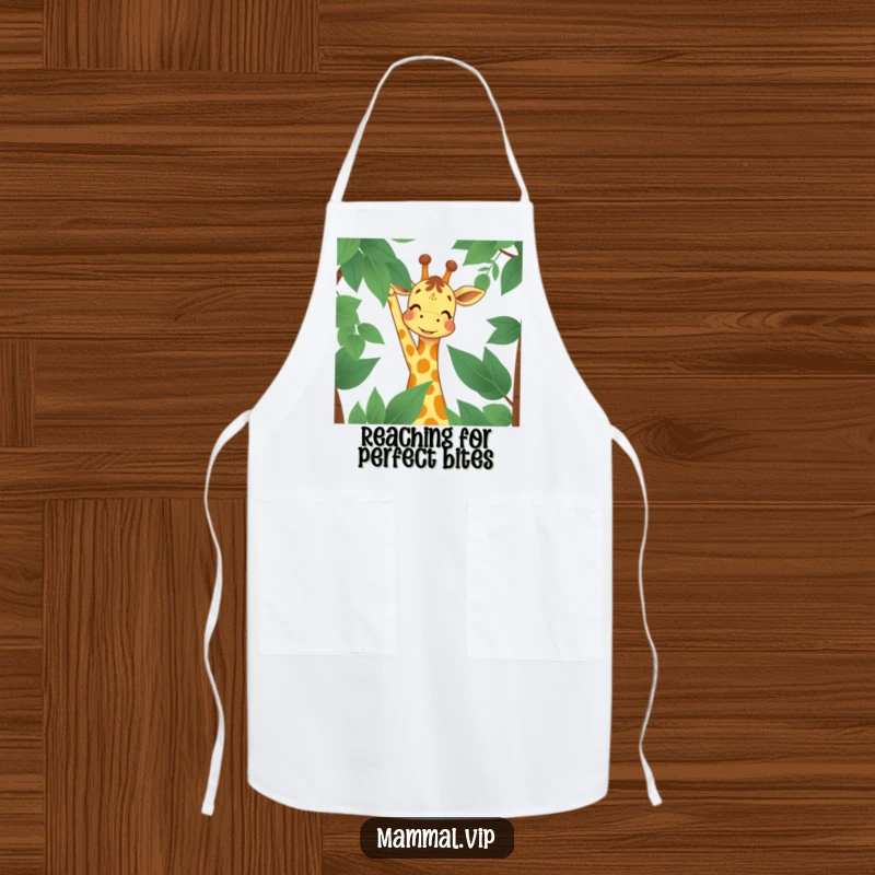 Funny Apron featuring a joyful giraffe character reaching for high leaves, perfect for chefs who want to add humor and a spirited attitude to meal prep.