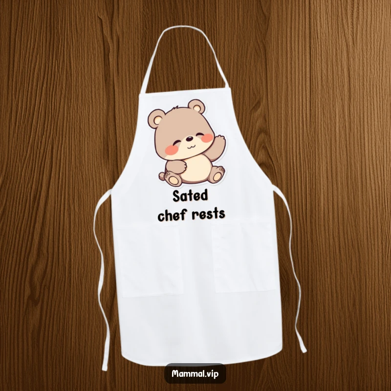 Funny apron showcasing a happy cartoon bear scratching its belly, perfect for kitchen humor and chefs.