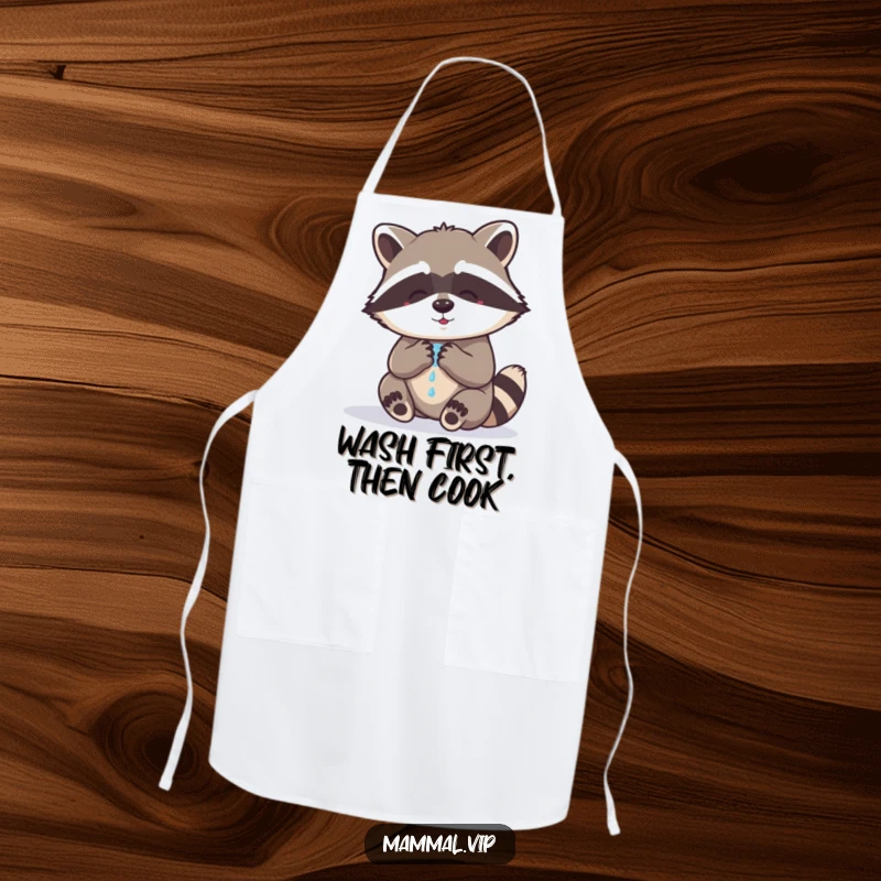 Funny raccoon apron illustrating a raccoon character washing its paws with gusto, ready for kitchen adventures and humorous culinary creations.