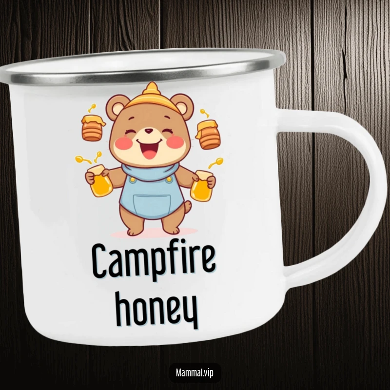Funny joyful bear character juggling honey pots on a camping mug, a humorous outdoor drinkware and animal lover gift.