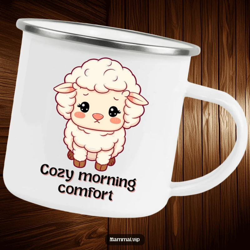 Funny Sheep Camping Mug: A fluffy sheep character with woolly curls looking content, durable and charming.