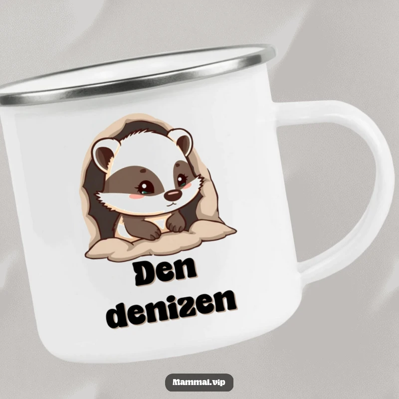 Funny camping mug with a curious badger peeking from its burrow, perfect for outdoor enthusiasts who enjoy a touch of woodland charm.