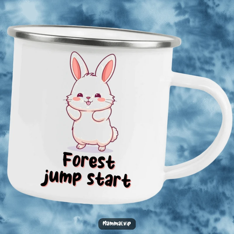 Funny Jumping Rabbit Camping Mug showing a fluffy rabbit in a dynamic jumping pose, perfect for outdoor beverages and spirited adventures.