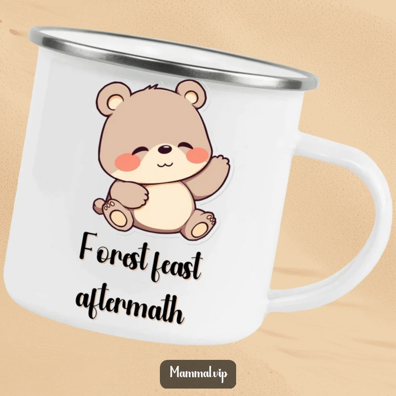Funny camping mug featuring a cartoon bear happily scratching its belly, ideal for outdoor enthusiasts and humor lovers.