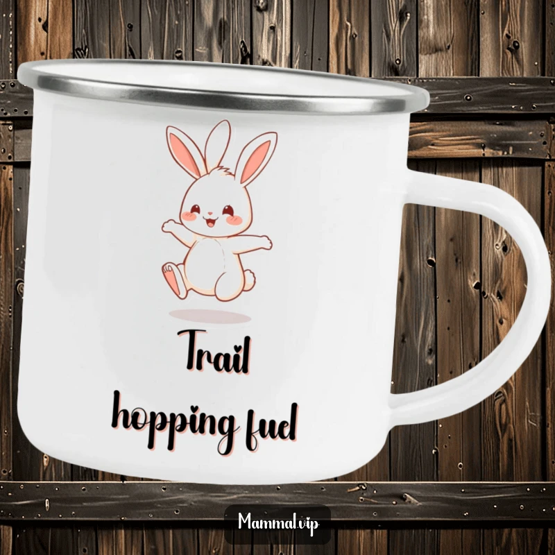 Funny Camping Mug showcasing a cheerful rabbit character vigorously bouncing on its hind legs, ready for outdoor fun.