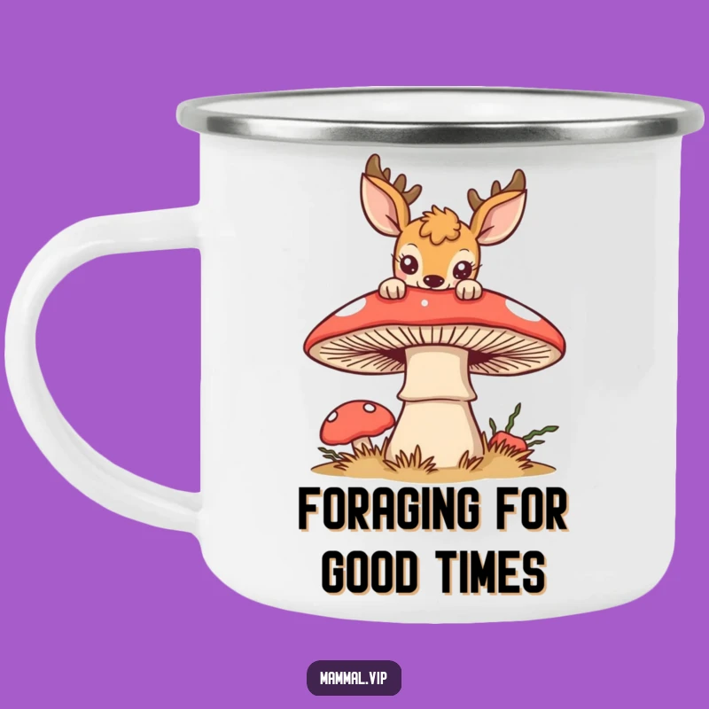 Funny Curious Deer Mushroom Camping Mug: Enchanted Enamel Mug, Perfect Funny Outdoor Gift